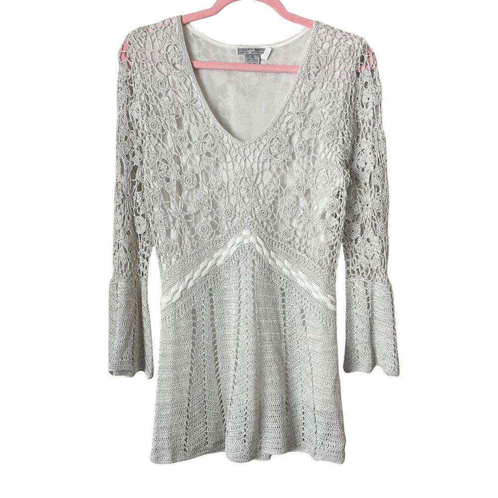 Alberto Makali Top Womens XL White Metallic Crochet Beaded Lace Bell Sleeve Boho